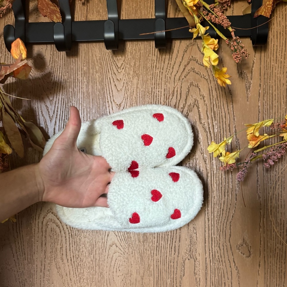 Cozy White Slippers with Red Hearts